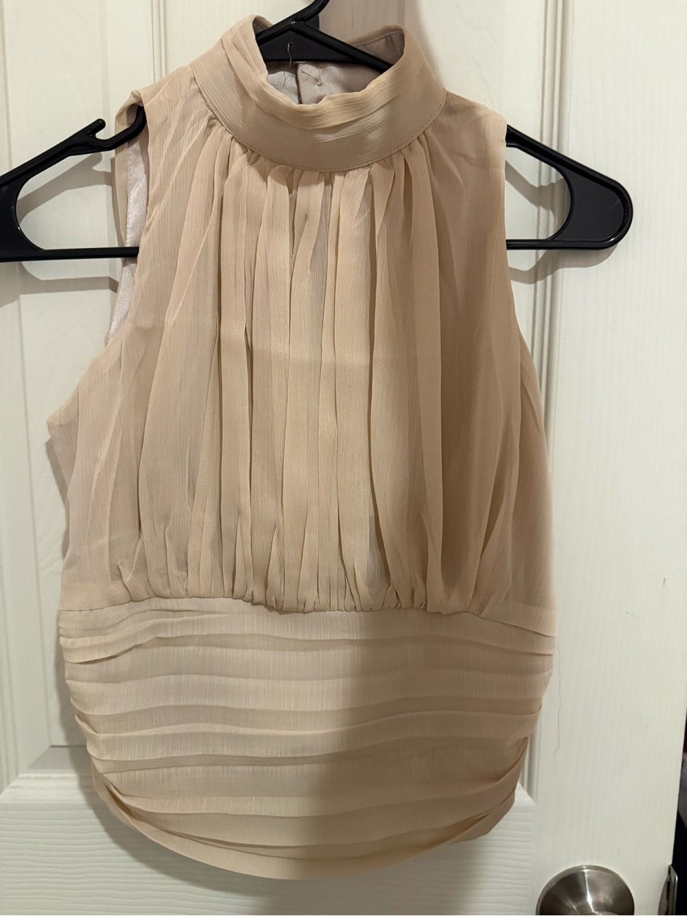 YesStyle Sleeveless Pleated High-Neck Blouse in Beige